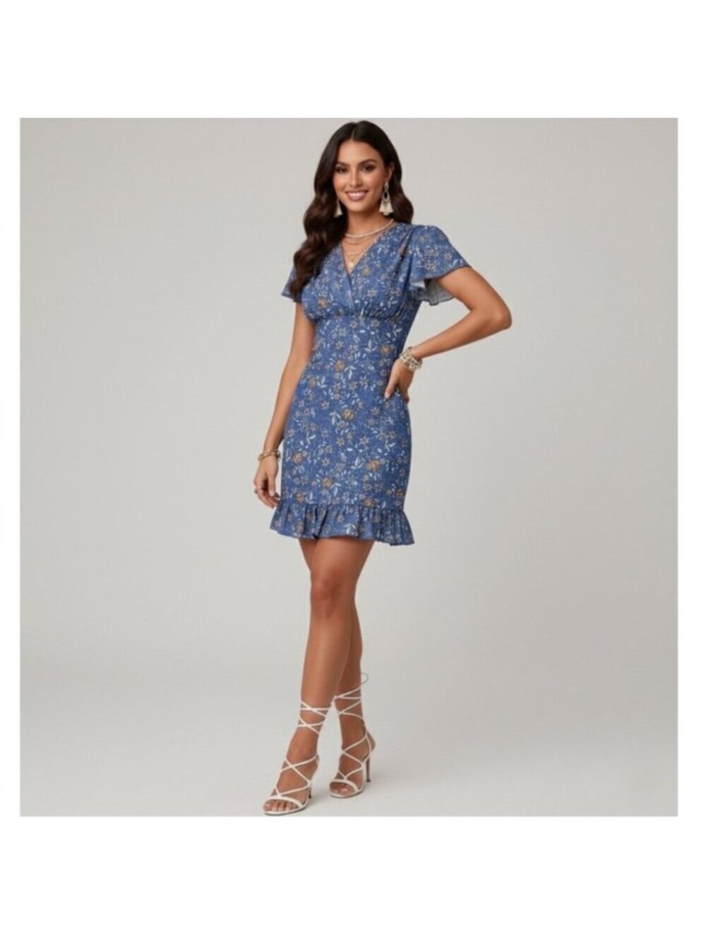 Ditsy Floral V-Neck Mini Dress Blue
